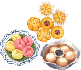 Handdrawn Traditional Thai sweets watercolor