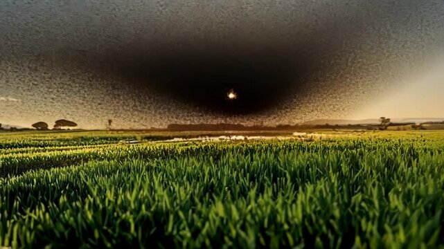 Swarm of locusts over green field during sunset. Insects cause significant adverse impacts on agriculture. Panorama with copy space.