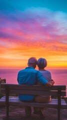 Obraz premium Elderly couple enjoys a serene sunset by the ocean, reflecting on life together in a peaceful setting near shore