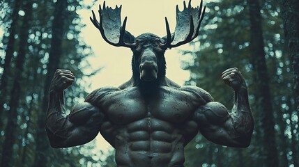 Powerful Hybrid Bodybuilder Moose Flexing in Woodland Setting