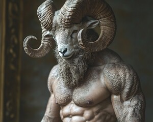 Muscular Ram Headed Bodybuilder Showcasing Brute Strength and Determination