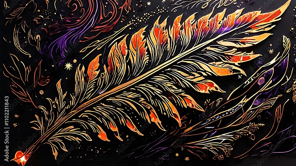 Poster intricate golden feather design on black background with swirling patterns.