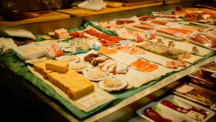 Aomori Gyosai Center fish market, Sashimi seafood, Aomori Nokke don with salmon, akami, chutoro, otoro, octopus, sweet shrimp or uni. local japanese food. freshness meal, travel destination.