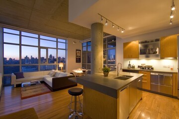 Modern loft apartment with a kitchen, living room, and large windows offering a city view at dusk.