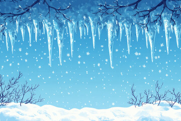 Season therapy. A serene winter scene featuring icicles hanging from branches, with gently falling snowflakes and a clear blue sky.