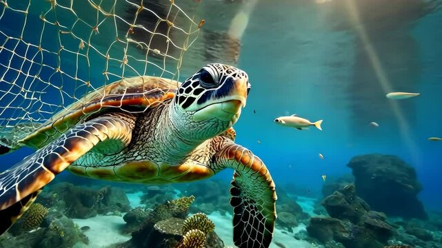 Sea turtle entangled in a fishing net underwater. Endangered turtle caught in a mesh with sunlight piercing through the water surface