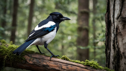 Fototapeta premium On a solid backdrop of a tree trunk, a Eurasian magpie stands perched aI