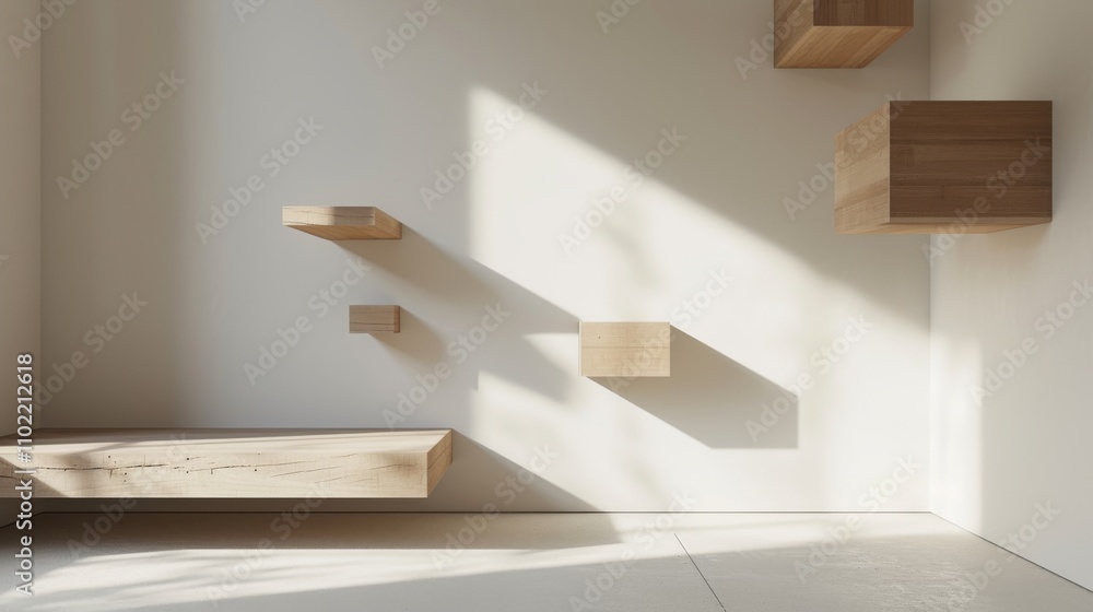 Poster a minimalist room with wooden shelves seemingly floating on the walls, casting soft shadows. the sun