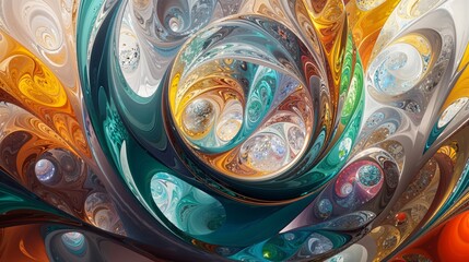 Intricate abstract design with vivid swirls of teal, gold, orange, and red in a dynamic flow