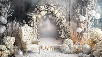 Winter wonderland with festive decorations and a cozy chair in a snowy setting for an elegant event or photo opportunity