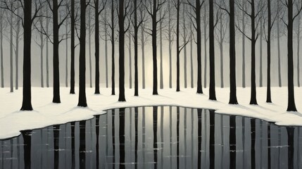 A Winter Forest Reflected in a Frozen Pond