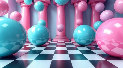 Vibrant spheres and pink columns indoors illustration. Abstract hall interior with checkered floor wallpaper scene artwork. Art deco trends background image digital art concept