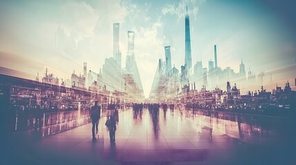 Naklejka premium A double exposure of a large shopping mall or retail store filled with consumer goods, subtly overlaid with the silhouette of Chinese factories and assembly lines. The image symbolizes how these 