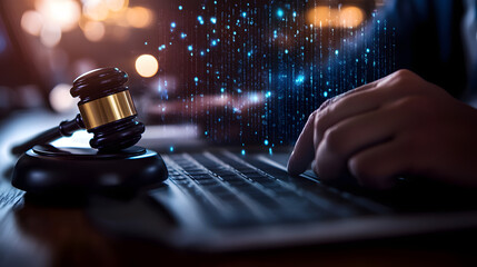 Obraz premium A gavel rests beside a hand typing on a laptop, symbolizing the intersection of law and technology in modern justice.