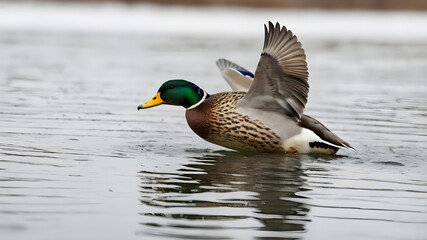Obraz premium Against a pristine white backdrop, a Mallard glides gracefully. Its vibrant plumage stands out in sharp contrast. aI