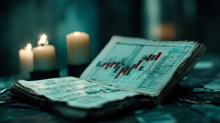 An open ledger with financial charts sits under soft candlelight, creating a moody atmosphere, This image is perfect for topics related to finance, accounting, or historical analysis,