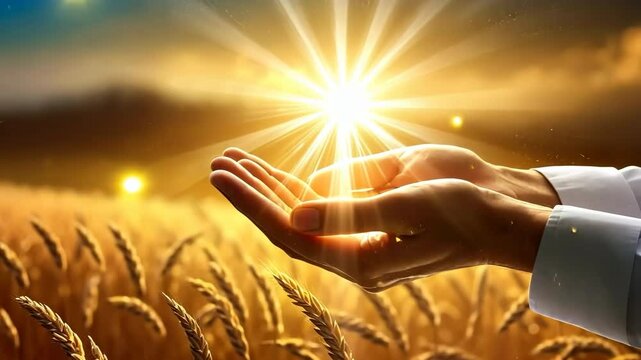 Harvest Blessings with Sunlit Hands. Open hands appear to hold and cherish a burst of sunlight above a field of ripe wheat, symbolizing abundance and gratitude.