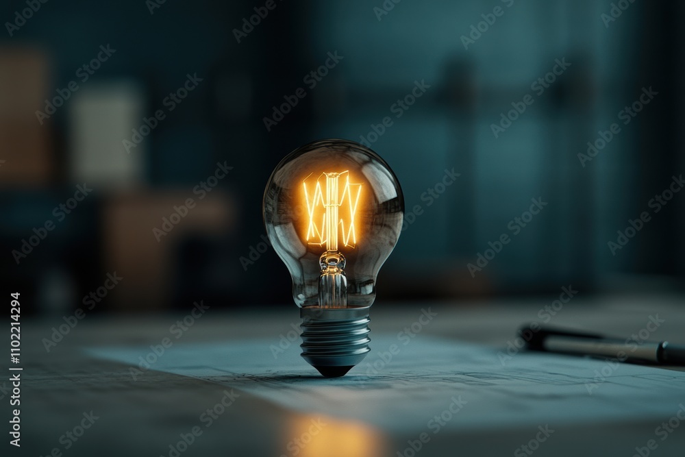 Poster creative workspace, a glowing lightbulb illuminates a rustic workspace, inviting progress and clarit