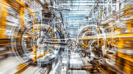 Obraz premium Profile of a bicycle, merged with an image of a production line in a large Chinese manufacturing plant.Double Exposure.[Made in China]:[Consumer Goods and Products] 