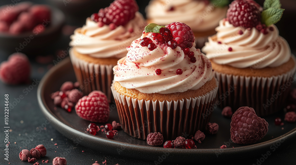 Poster delightful raspberry cupcakes with creamy frosting on a dark background adorned with fresh berries. 