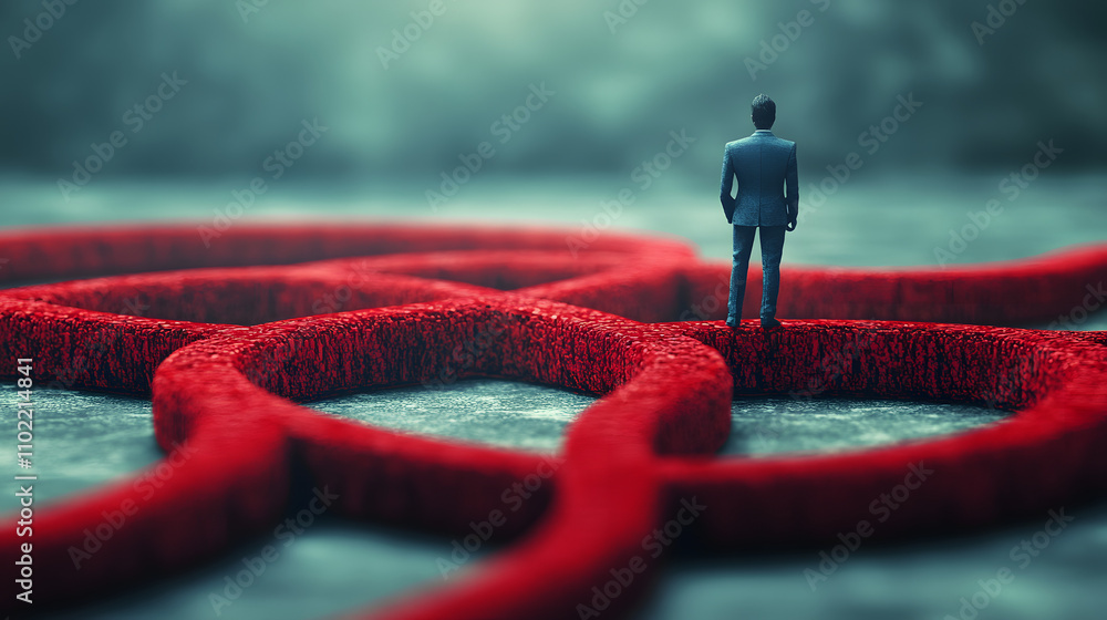 Poster a lone figure stands in a maze of red shapes, symbolizing complexity, challenges, and decision-makin
