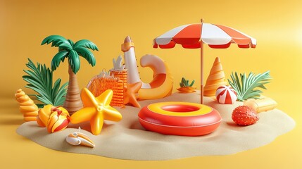 Obraz premium 3D Render of a Summer Beach Scene with Inflatable Toys, Palm Trees, and Beach Accessories on Yellow Sand