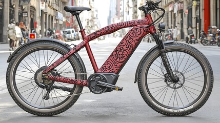 A bicycle, its frame intertwined with Chinese symbols, superimposed on a city street. This image symbolizes the growing popularity of Chinese-made bicycles and e-bikes. Double Exposure.[Made 