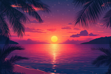 Season therapy. A vibrant sunset over calm waters, framed by palm trees, creating a serene and picturesque tropical landscape.