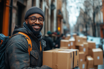 Couriers delivering branded packages to urban apartments during a busy day.