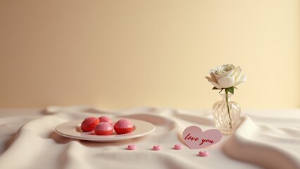 Elegant Valentine's composition featuring a white rose in a glass vase, a handwritten love note, a pink heart, and candy in a pastel dish on a soft fabric backdrop.