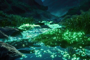 Obraz premium Glowing Flowers Reflecting in a Tranquil Stream