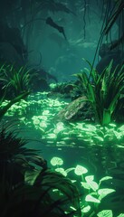 Fototapeta premium Glowing Green Leaves Reflected in Still Water of a Lush Jungle