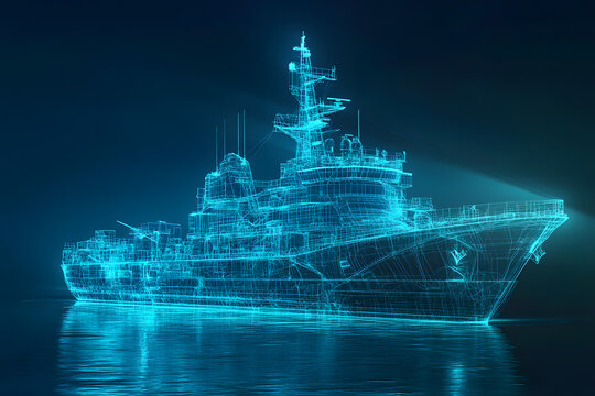 Digital wireframe of a modern battleship in a luminous blue hue on a dark background, highlighting advanced naval technology and innovation for military or maritime visuals