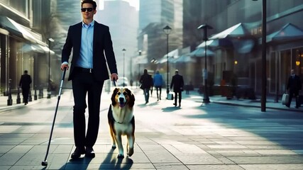 A man with a cane walks confidently with his guide dog through a bustling city street, exemplifying independence and mobility for visually impaired individuals. - Powered by Adobe