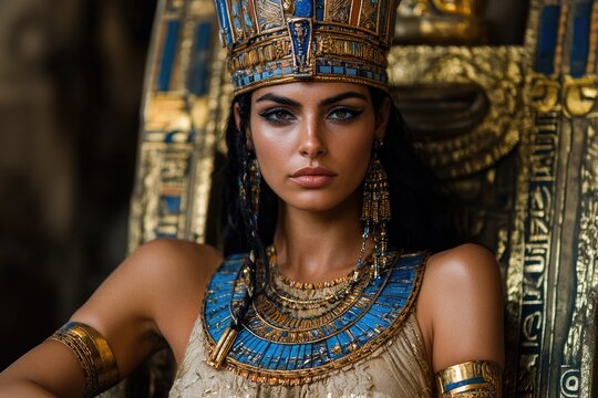Majestic egyptian queen wearing golden crown and jewelry, sitting on throne