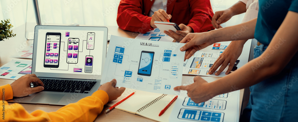 Poster panorama banner of startup ux developer or company employee design user interface or ui prototype fo
