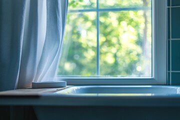 A white bathtub sits beneath a window with white curtains and a view of a blurred green garden.