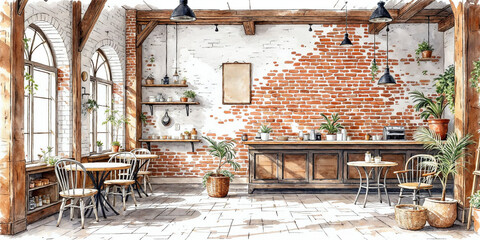 Watercolor Illustration of Cozy Cafe Interior Design with Space for Text