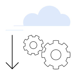 Cloud with two gears and downward arrow signifies cloud computing and download process. Ideal for technology, data management, IT solutions, cloud storage, software development, business solutions