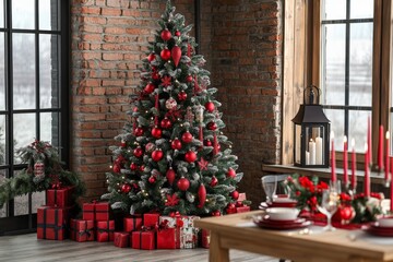 Elegant christmas tree in cozy brick room with red decor and wrapped gifts.
