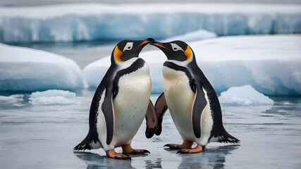 Fototapeta premium Two European Penguins stand close together, their tuxedo-like plumage creating a striking pattern against the icy backdrop. aI