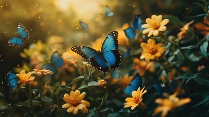 Blaue Schmetterlinge auf gelben Blumen im Sonnenlicht