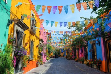 Naklejka premium Colorful papel picado banners decorating a picturesque street in mexico