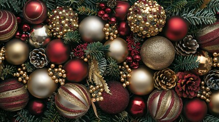 A Lush Arrangement of Red and Gold Christmas Ornaments Adorned with Pine and Berries