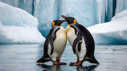 Obraz premium Two European Penguins stand close together, their tuxedo-like plumage creating a striking pattern against the icy backdrop. aI