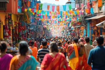 Crowd walking on thamel street in kathmandu during colorful festival