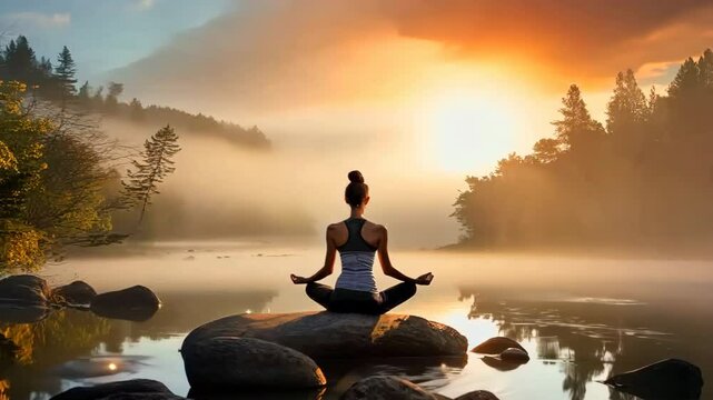 Woman meditates on a rock amidst misty waters during a tranquil dawn. The serene pose complements the peaceful landscape, echoing calm and mindfulness.