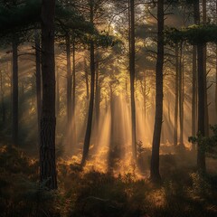 Golden rays of sunlight filter through tall pine trees in a tranquil forest at dawn