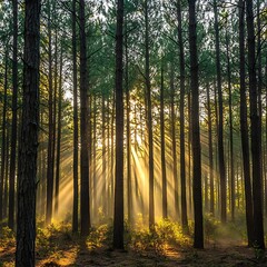 Sunlight filters through tall pine trees in a tranquil forest during golden hour