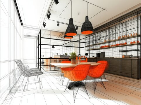 Abstract sketch design for an interior dining space, rendered in 3D